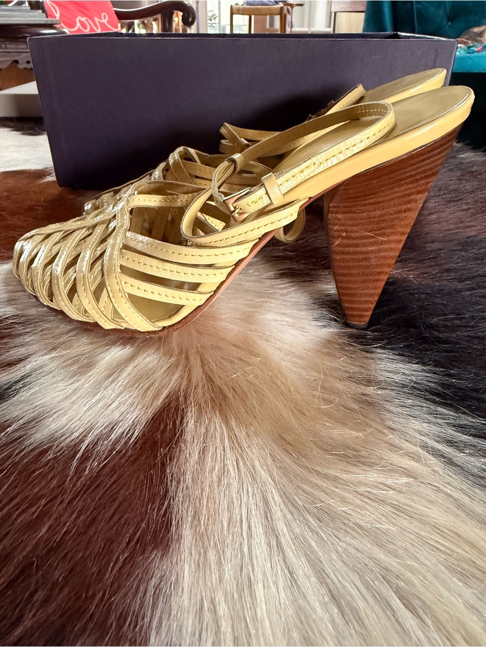 Prada Yellow Leather Woven Slingback Heels - Picture 3 of 9